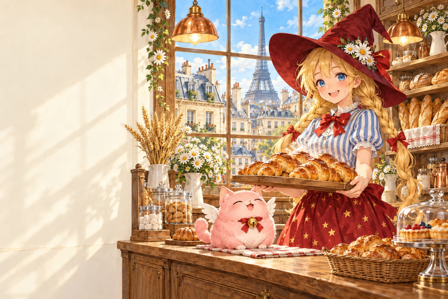 Witch baker with golden braids and a red hat holding croissants beside a pink winged cat, with the Eiffel Tower outside the bakery window.
