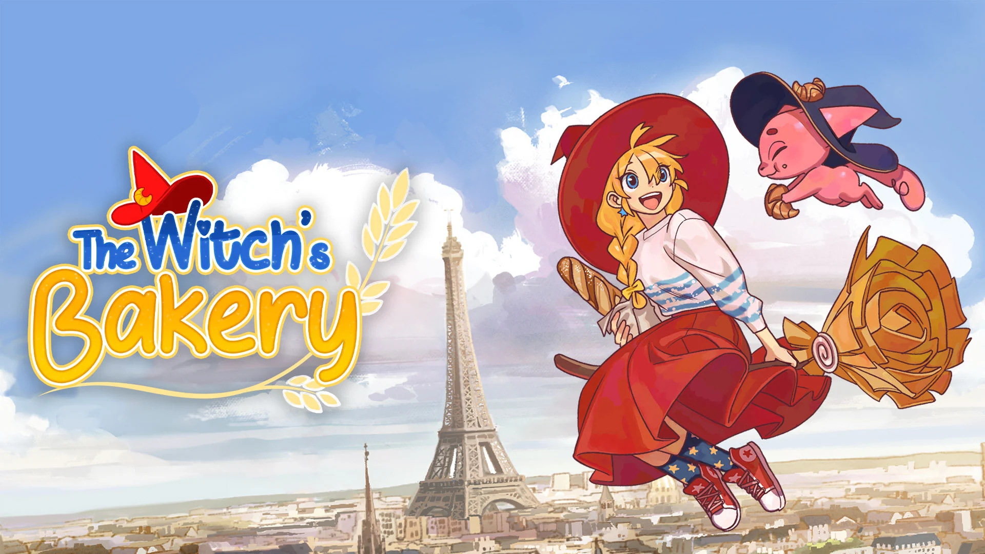 Official key art of Lunne flying a pastry broom over Paris with Orio, beside The Witch's Bakery logo.