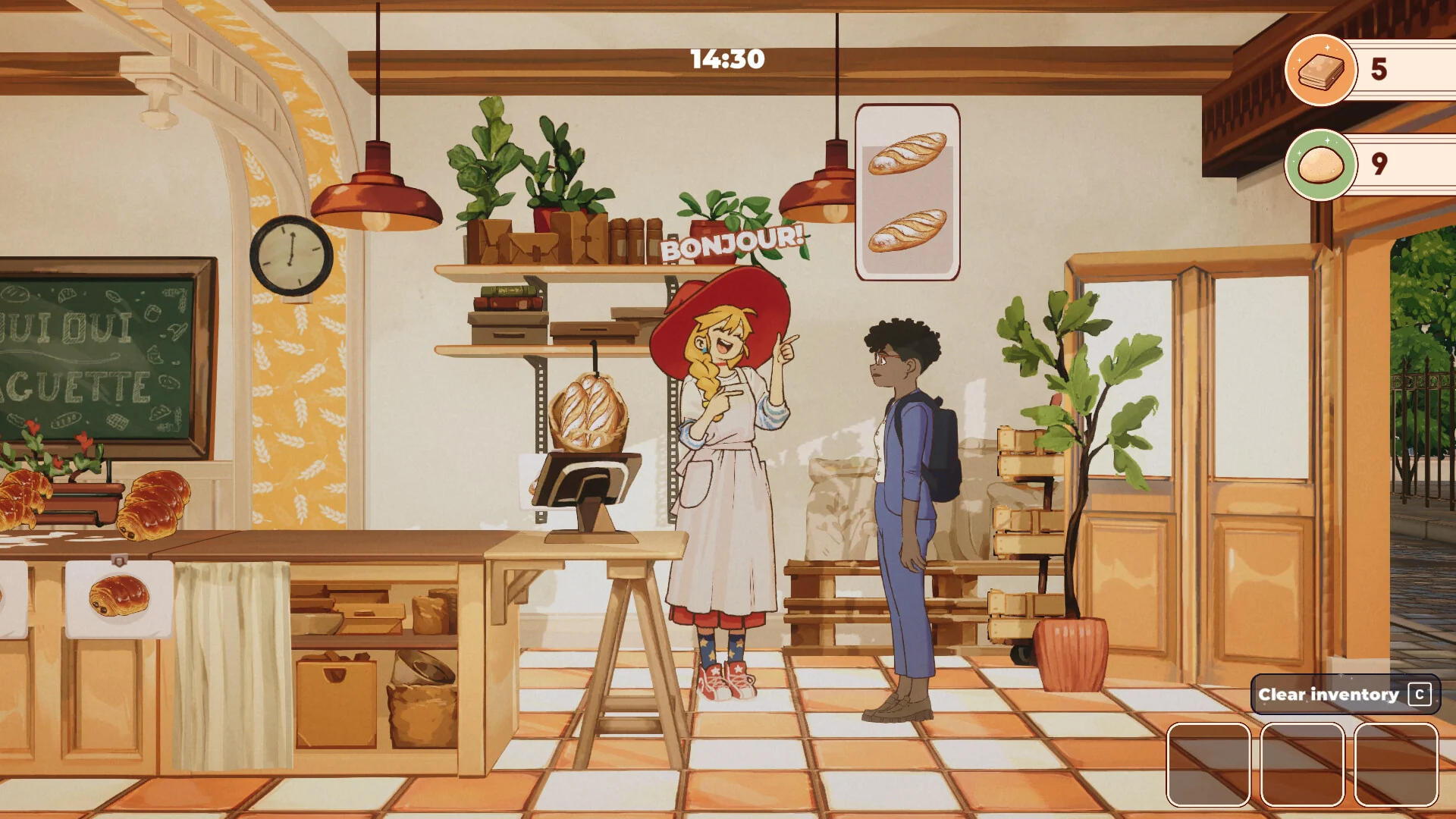 Lunne greeting a customer at the bakery counter at 14:30, with a chalkboard and croissant tray.