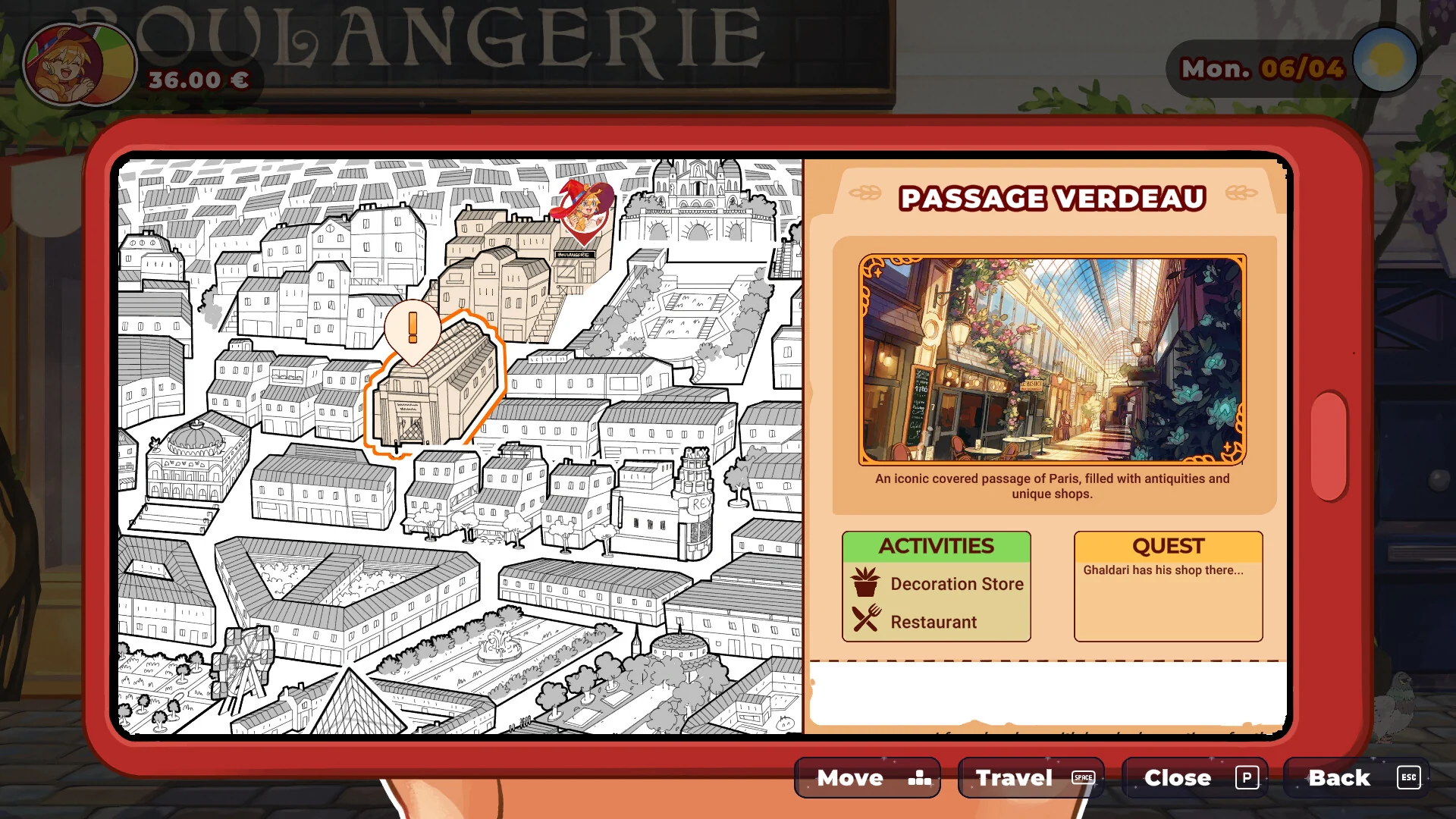 In-game phone map open on Passage Verdeau, with a decoration store, a restaurant, and a quest for Ghaldari.