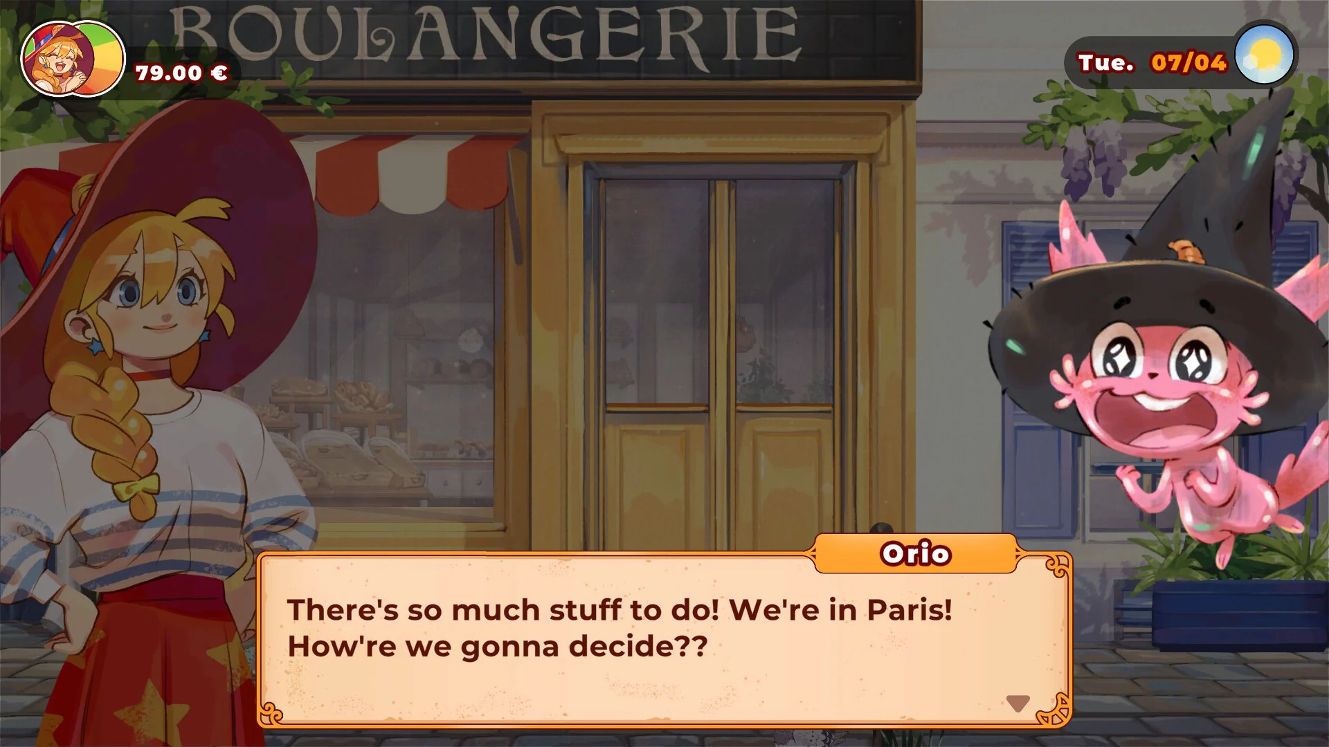 Orio in a black witch hat outside the boulangerie, asking how to choose what to do in Paris.